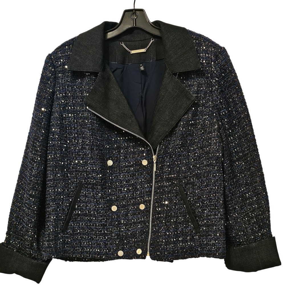 White House Black Market Navy Gold Metallic Tweed Denim Moto Jacket Size 16 JT3